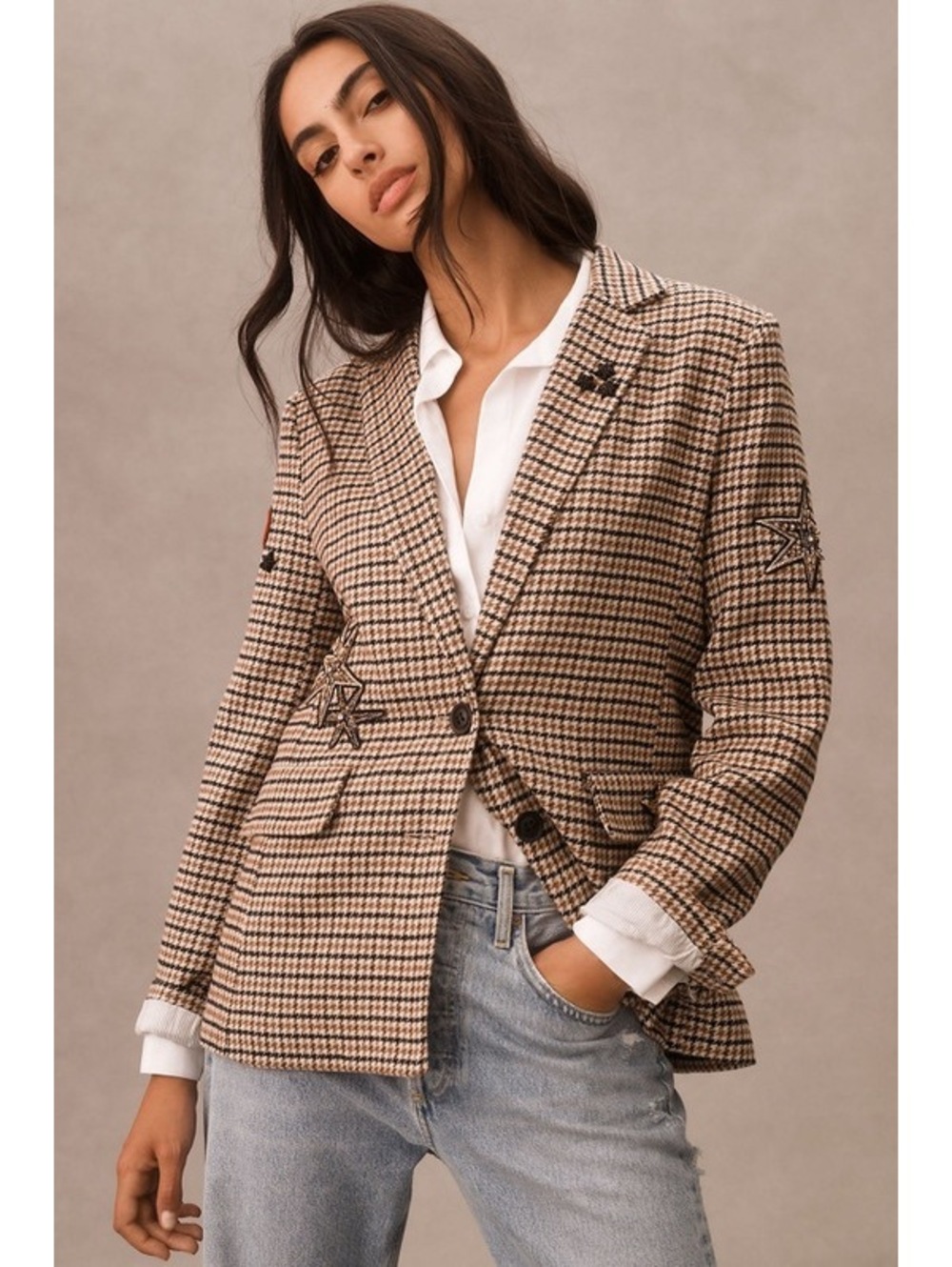 Anthropologie Appliqué Blazer Houndstooth Star Heart Evil Eye Patch Medium